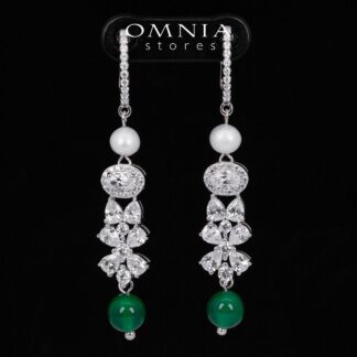 Omnia Shayna Green and White Real Preal Drop Earrings With High Quality Simulated Diamonds in 925 Silver