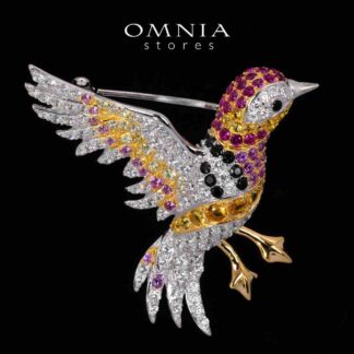 Omnia Zena Multicolor Brid Design Brooch With High Quality Simulated Diamonds in 925 Silver