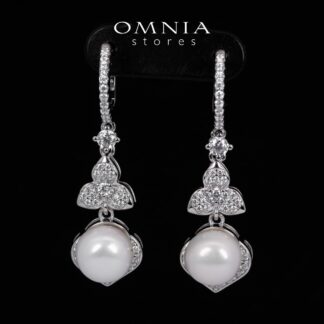 Omnia Ameena White Fresh Real Pearl Drop Earrings With High Quality Simulated Diamonds in 925 Silver
