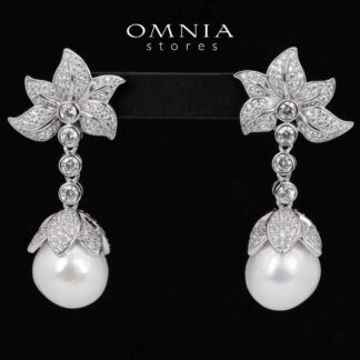 Omnia Iyana White Floral Fresh Real Pearl  Drop Earrings With High Quality Simulated Diamonds in 925 Silver