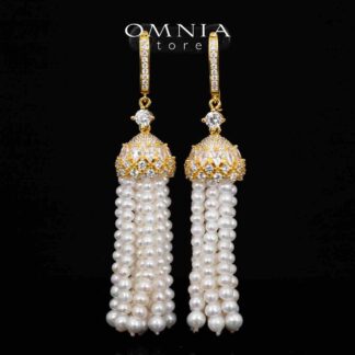 Omnia Kathy White Fresh Real Pearl Golden Drop Earrings With High Quality Simulated Diamonds in 925 Silver