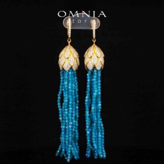 Omnia Kathy Sky Blue Beeds Golden Drop Earrings With High Quality Simulated Diamonds in 925 Silver