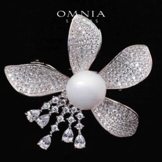 Omnia Ivie White Fresh Real Pearl Brooch With High Quality Simulated Diamonds in 925 Silver