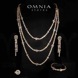 Omnia Layara Gold Long Chain Full Set with Triple-Layer Necklace in High-Quality Zircon Stone Rhodium Plated