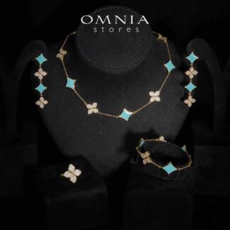 Omnia Golden Clove Turquise Choker Full Set with High-Quality Simulated Diamonds Gold Plated