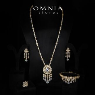 Aleya Golden Luxury Bridal Full Long chain Set in High Quality Simulated Diamonds Rhodium Plated