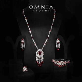 Aleya Red Luxury Bridal Full Long chain Set in High Quality Simulated Diamonds Rhodium Plated