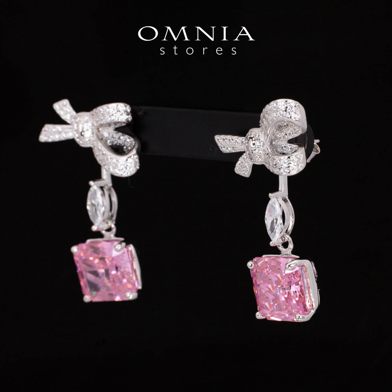 Megan Ribbon Pink Drop Earrings With High Quality Simulated Diamonds in 925 Silver - Image 2