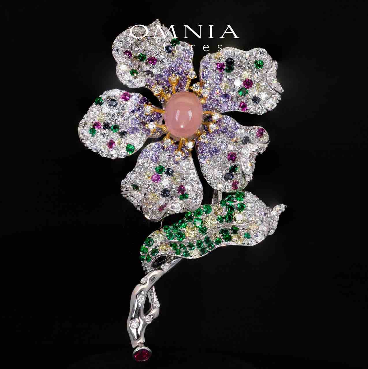 Kiera Pink Coral Multi Color Flower Brooch With High Quality Simulated Diamonds in 925 Silver