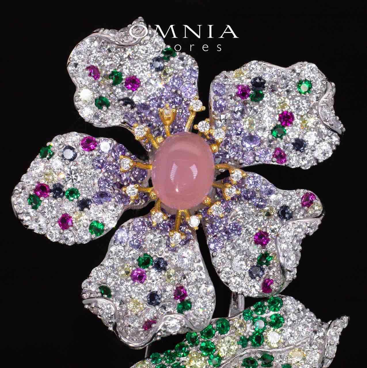 Kiera Pink Coral Multi Color Flower Brooch With High Quality Simulated Diamonds in 925 Silver - Image 2
