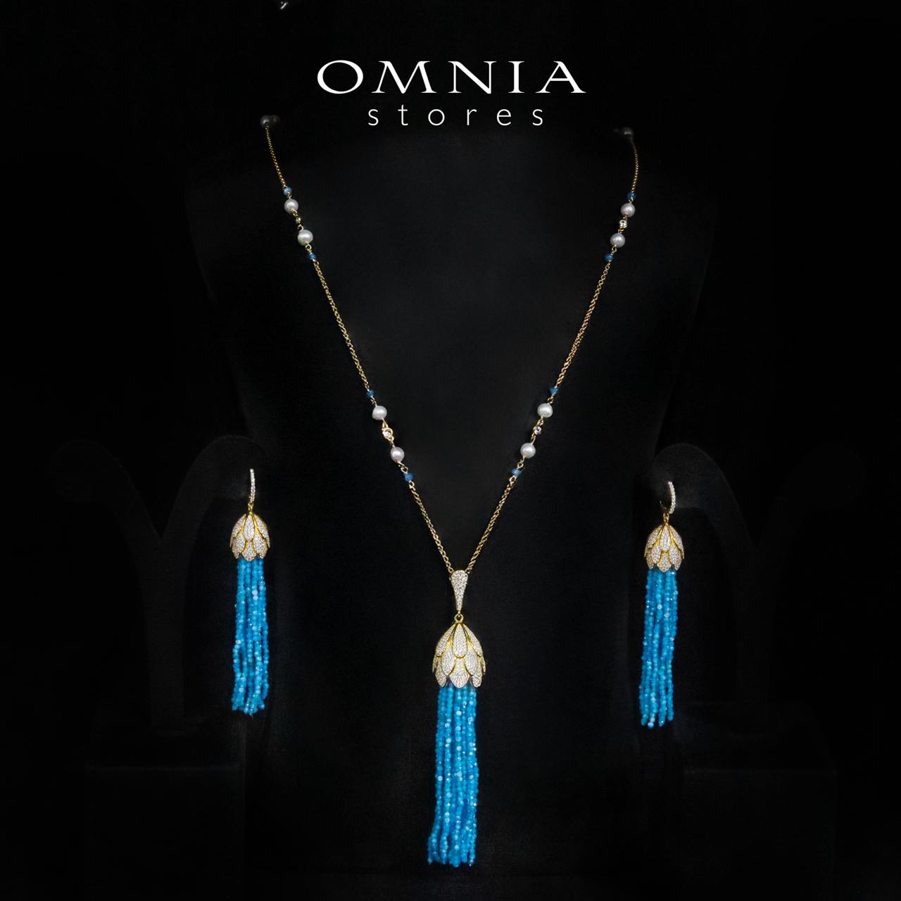 Omnia Kathy Sky Blue Beeds Golden Long Chain Necklace and Drop Earrings Set With High Quality Simulated Diamonds in 925 Silver