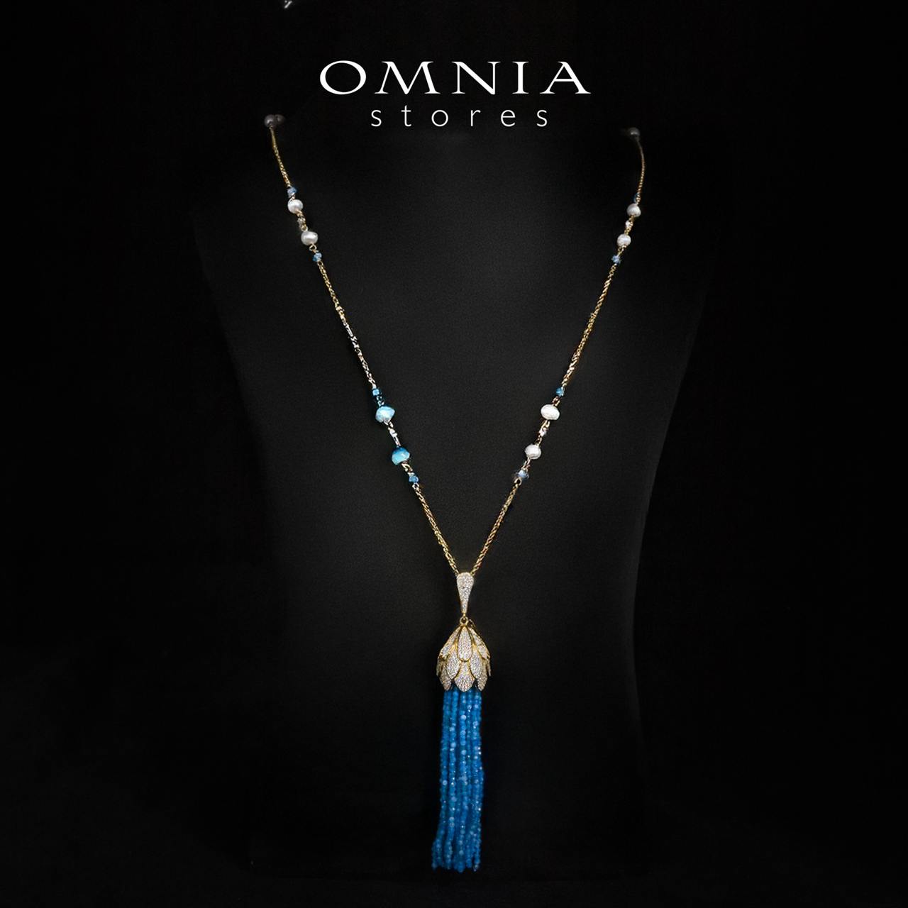 Omnia Kathy Sky Blue Beeds Golden Long Chain Necklace and Drop Earrings Set With High Quality Simulated Diamonds in 925 Silver - Image 2