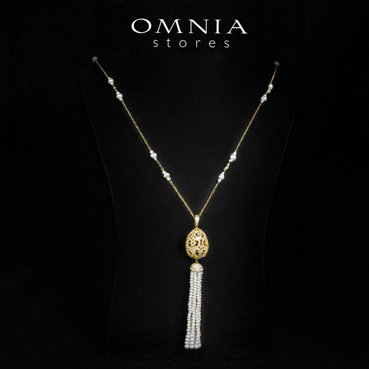 Kathy White Fresh Real Pearl Golden Long Chain Necklace and Drop Earrings Set With High Quality Simulated Diamonds in 925 Silver - Image 2