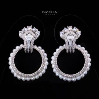 Omnia Yana Round Pearl Clip Earrings With High Quality Simulated Diamonds in 925 Silver