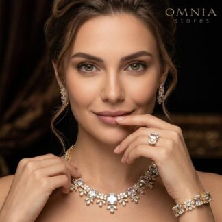 Omnia Charlotte Gold Luxry Bridal Full Set with Emerald and Pear-Cut High-Quality Simulated Diamonds Rhodium Plated