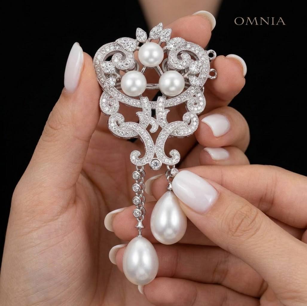 Raina Floral White Real Fresh Water Pearl Brooch With High Quality Simulated Diamonds in 925 Silver