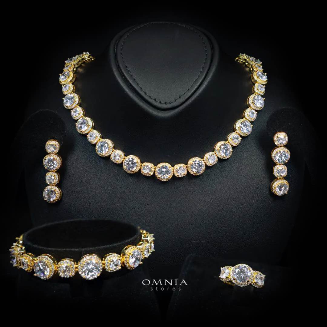 Omnia Lilian Gold Bridal Full Set in High Quality Simulated Diamonds Rhodium Plated