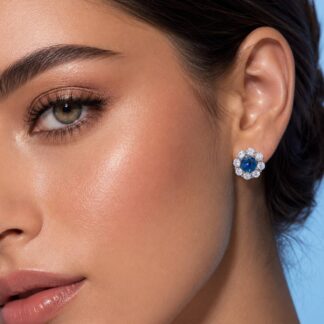 Houriya Blue and White Floral Earrings With High Quality Simulated Diamonds in 925 Silver