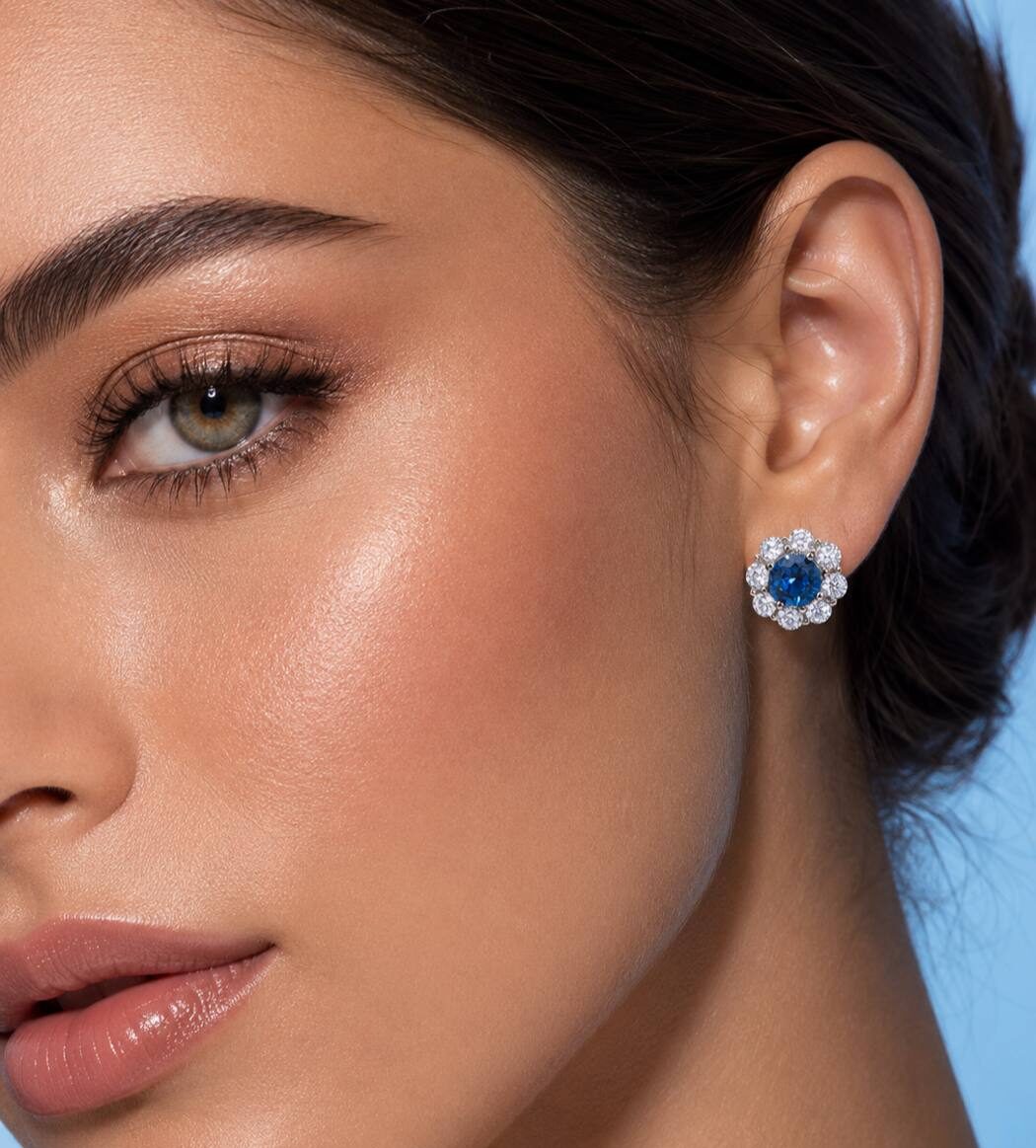 Houriya Blue and White Floral Earrings With High Quality Simulated Diamonds in 925 Silver