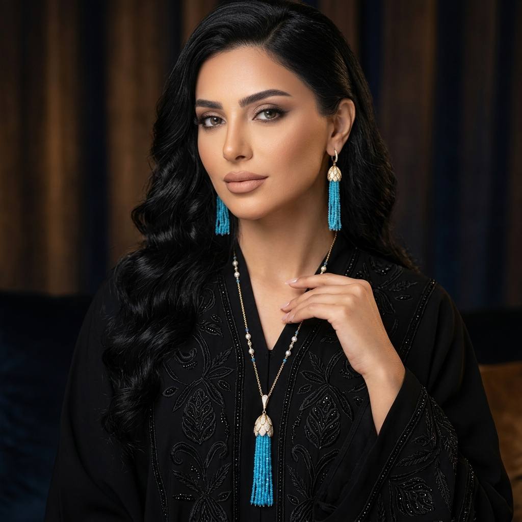 Omnia Kathy Sky Blue Beeds Golden Long Chain Necklace and Drop Earrings Set With High Quality Simulated Diamonds in 925 Silver - Image 2