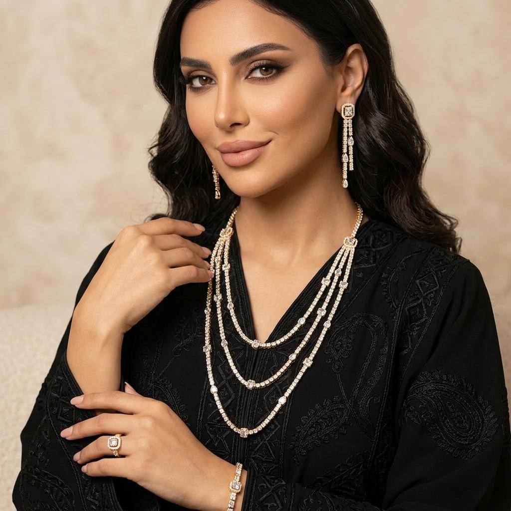 Omnia Layara Gold Long Chain Full Set with Triple-Layer Necklace in High-Quality Zircon Stone Rhodium Plated - Image 2