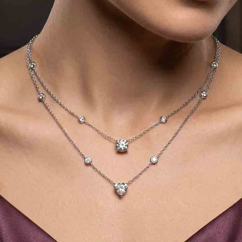 Omnia Maryn White Double Layerd Pendant Necklace With High Quality Certified Lab Crafted Stones In 925 Silver