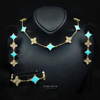 Omnia Golden Clove Turquoise Choker Full Set with High-Quality Simulated Diamonds Gold Plated