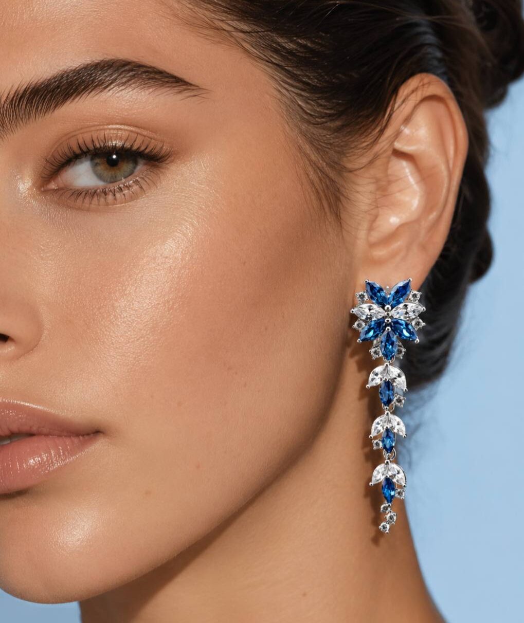 Abla Blue Floral Drop Earrings in 925 Silver with Marquise and Pear-Cut High-Quality Simulated Diamonds