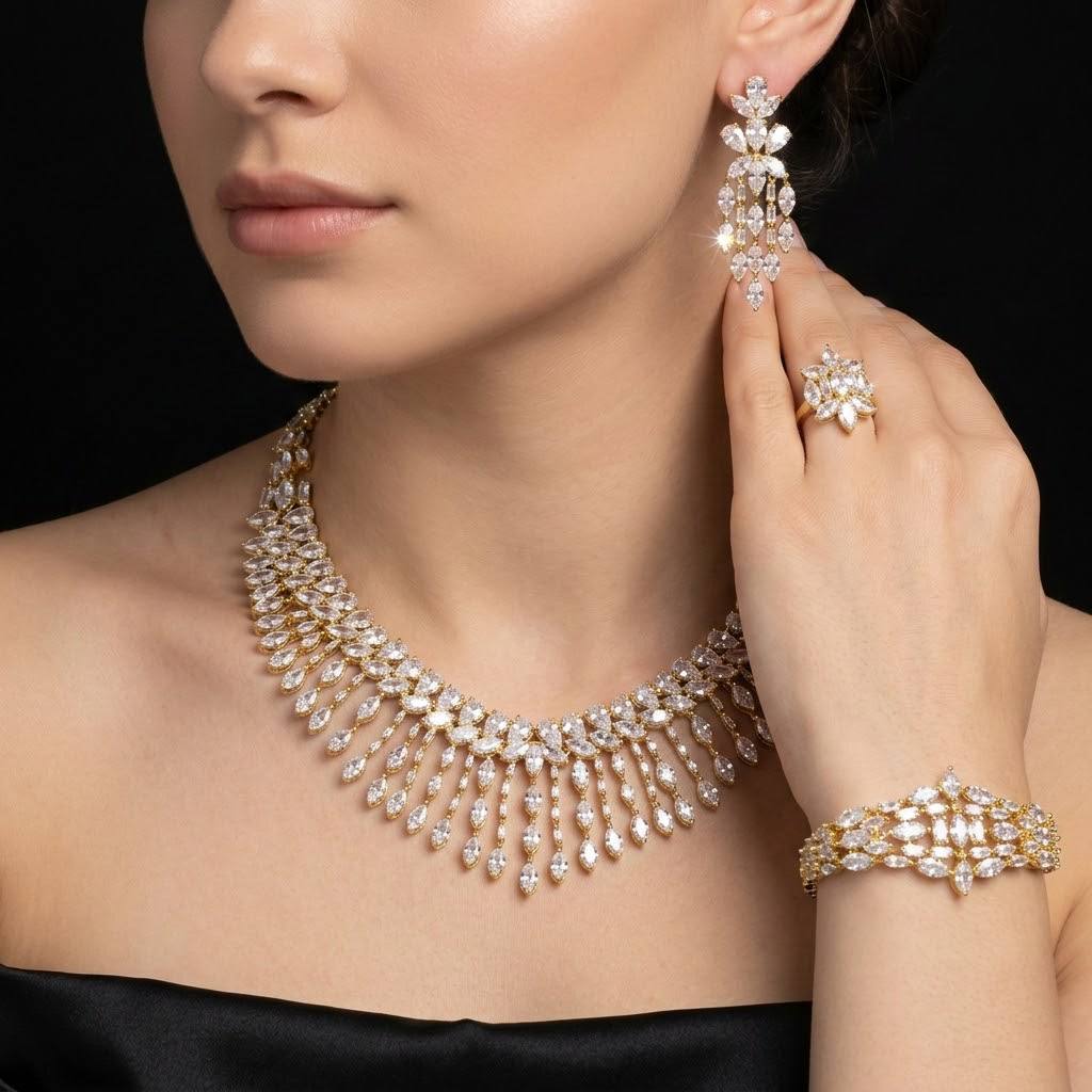 Omnia Soheila Gold Luxury Bridal Full Set with Emerald and Pear-Cut High-Quality Simulated Diamonds Rhodium Plated