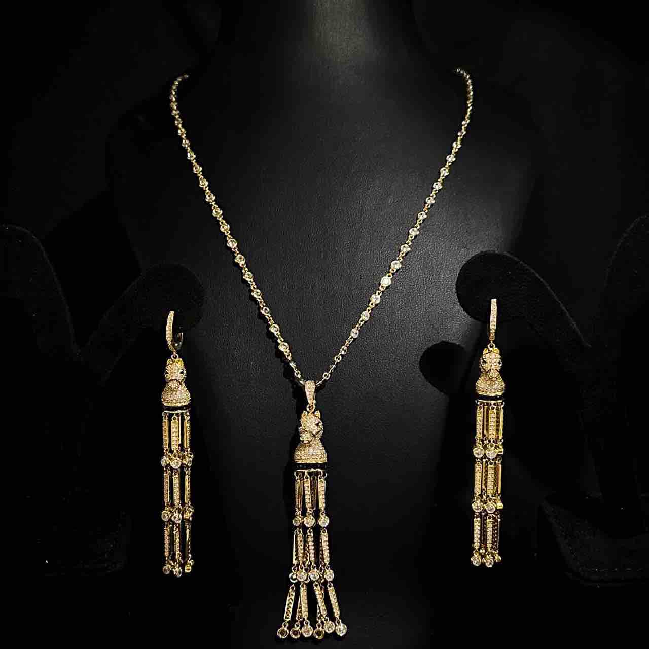 Omnia Vania Golden Horse Design Long Chain Necklace & Drop Earrings Set in 925 Silver With High Quality Simulated Diamonds