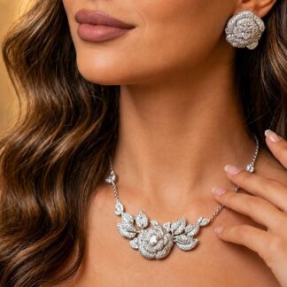Eiza Rose Leaf Necklace In 925 Silver With High Quality Simulated Diamonds