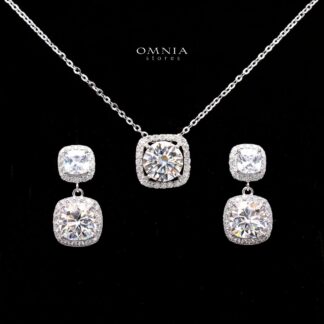 Meghan White Moissanite Double Cushion Halo Pendant Necklace and Drop Earrings Set in 925 Sterling Silver