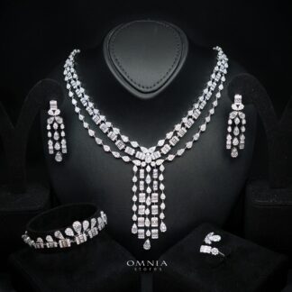 Zahida Elegant White Cascading Tassel Chandelier Bridal Full Set with Premium Zircon Stones, Rhodium-Plated Finish