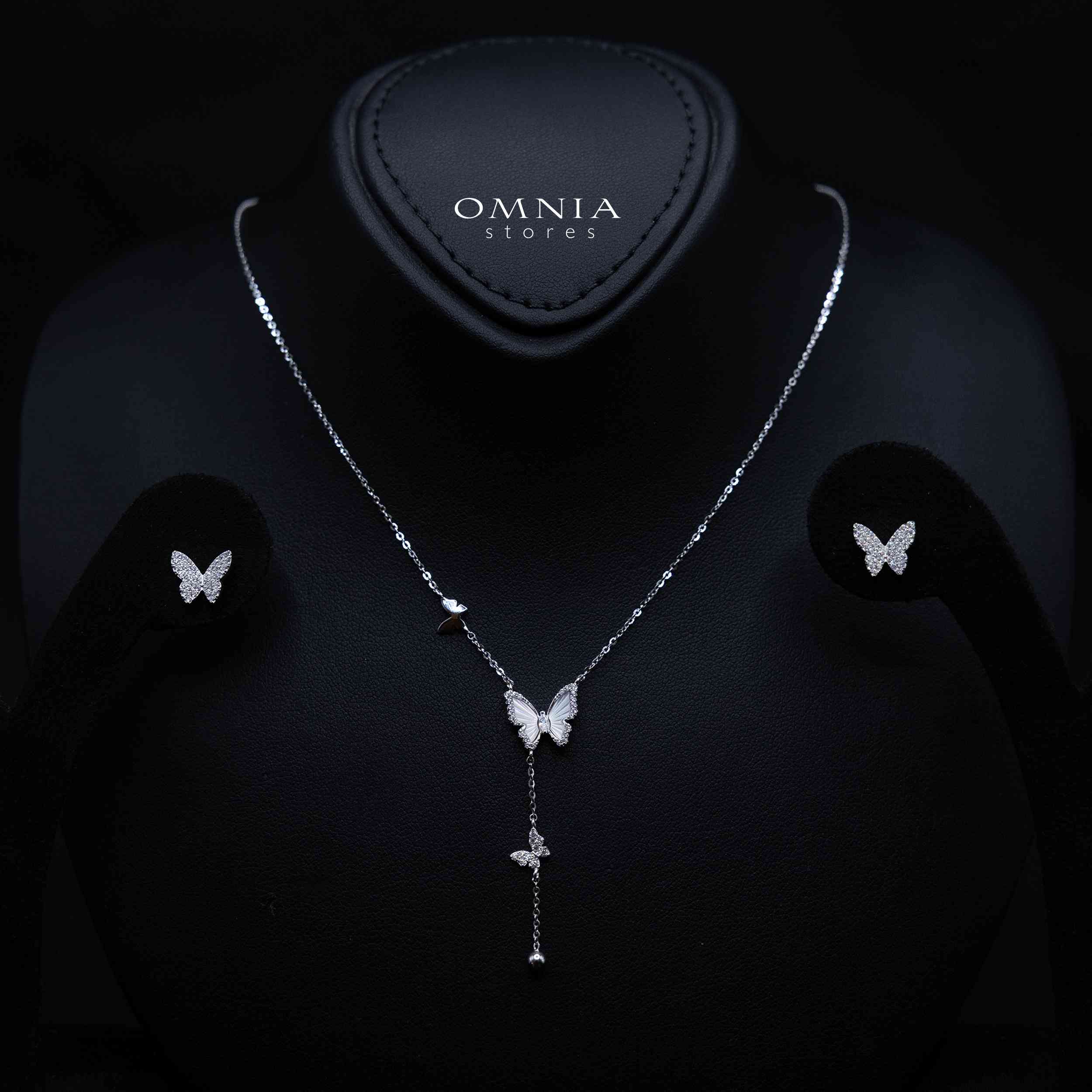 Maeve White Butterfly Silver Necklace and Earrings Set in 925 Silver with High-Quality Premium Cubic Zircon Stones