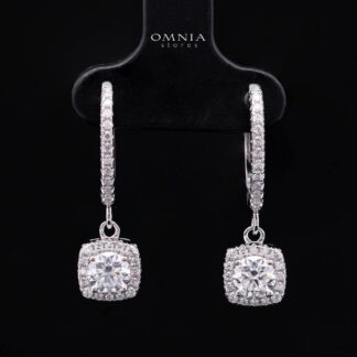 Syed White Moissanite Cushion Halo Drop Hoop Earrings with GRA Certificate – 5mm (0.5ct), Rhodium-Plated 925 Sterling Silver