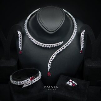 Catalina Elegant Red Cascading Leaf Drop Bridal Full Set with High-Quality Premium Zircon Stones, Rhodium-Plated Finish