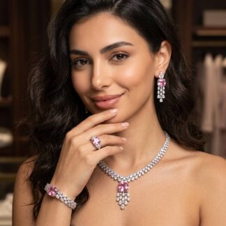 Nazaha Bridal Full Set in Rhodium Plated with High Quality White and Pink Zircon Stones