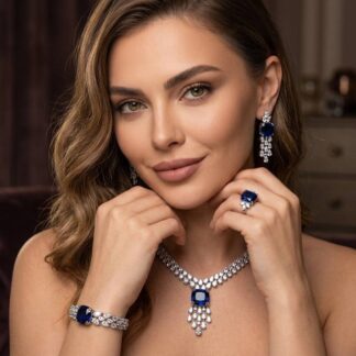 Nazaha Bridal Full Set in Rhodium Plated with High Quality White and Blue Zircon Stones
