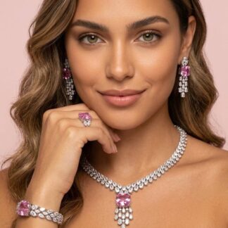Nazaha Bridal Full Set in Rhodium Plated with High Quality White and Pink Zircon Stones