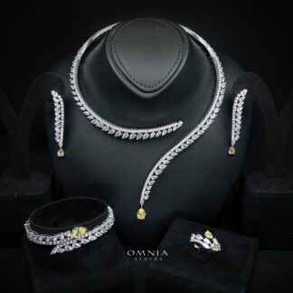 Shennawi Elegant Yeallow Cascading Leaf Drop Bridal Full Set with High-Quality Premium Zircon Stones, Rhodium-Plated Finish