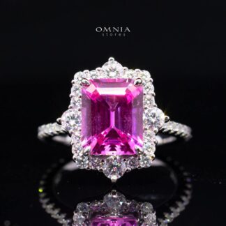 Renata Lab-Grown Pink Sapphire Emerald-Cut Ring (8x11mm) with GRC Certificate in 925 Sterling Silver