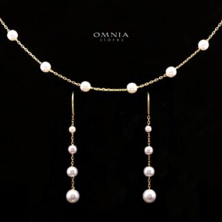 Salome Elegant Pearl Station Necklace and Long Drop Earrings Set in Gold-Plated 925 Sterling Silver with Premium Cubic Zirconia