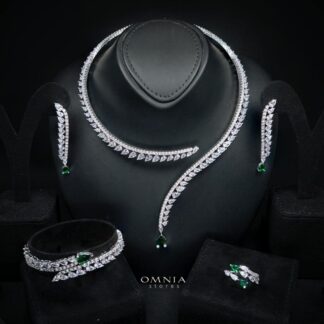 Catalina Elegant Green Cascading Leaf Drop Bridal Full Set with High-Quality Premium Zircon Stones, Rhodium-Plated Finish