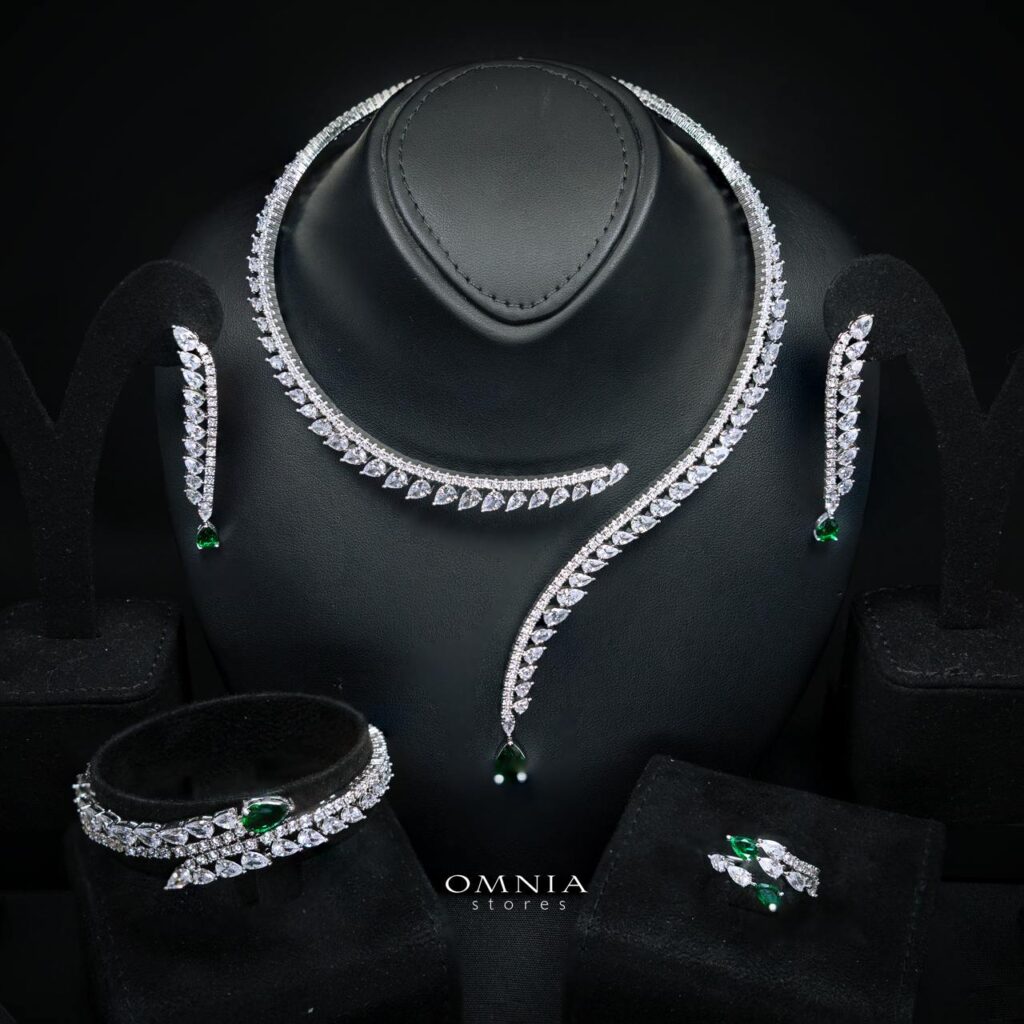 Catalina Elegant Green Cascading Leaf Drop Bridal Full Set with High-Quality Premium Zircon Stones, Rhodium-Plated Finish