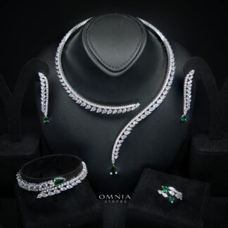 Shennawi Elegant Green Cascading Leaf Drop Bridal Full Set with High-Quality Premium Zircon Stones, Rhodium-Plated Finish