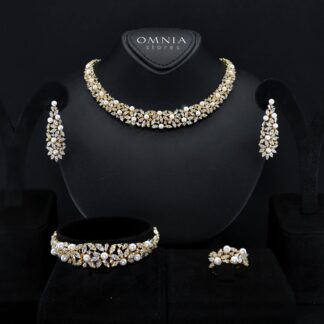Fadwa Gold Tone Pearl Luxury Bridal Full Set Accessories in High Quality Zircon Stone, Rhodium Plated