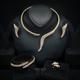 Saleh Luxury Gold Feather Leaf Design Bridal Full Set with High-Quality Premium Zircon Stones, Rhodium-Plated Finish
