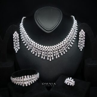 Sabriyya Royal White Fringe Drop Bridal Full Set with Premium Zircon Stones, Rhodium-Plated Finish