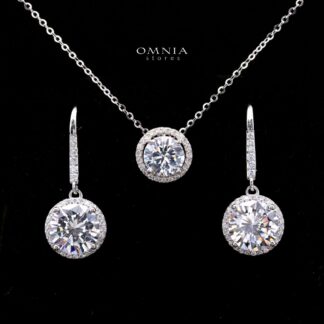 Arlette Halo Round Cut Necklace and Earrings Set in 925 Sterling Silver with Premium Cubic Zirconia