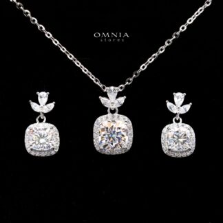 Jennifer White Moissanite Necklace and Earring Set in 925 Sterling Silver – Cushion Halo Floral Drop